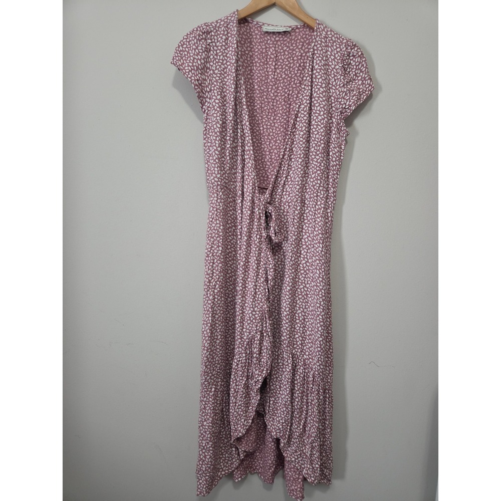 Abercrombie & Fitch Pink Leaf Print Wrap Midi Dress Short Sleeve Ruffle‎ Hem M